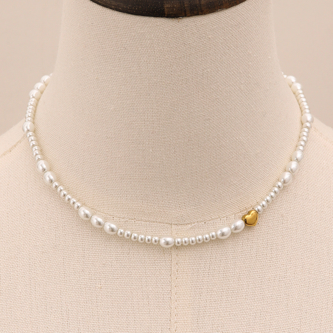 18K Gold Heart Pearl Chain Beaded Collar Necklace