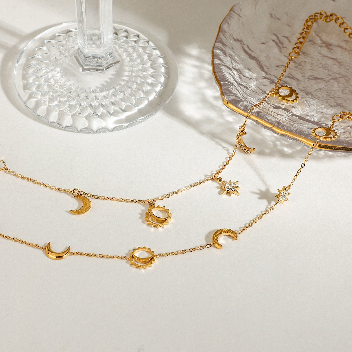 18K Gold Moon and Star Celestial Charm Chain Bracelet