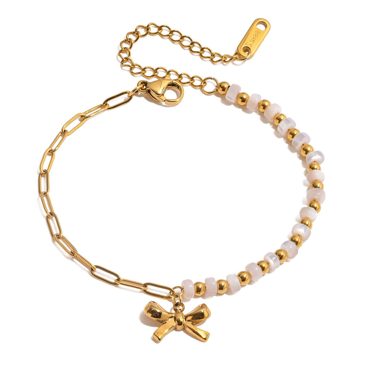 18K Gold Pastel Blue Flower Beaded Chain Bangle Bracelet Stack