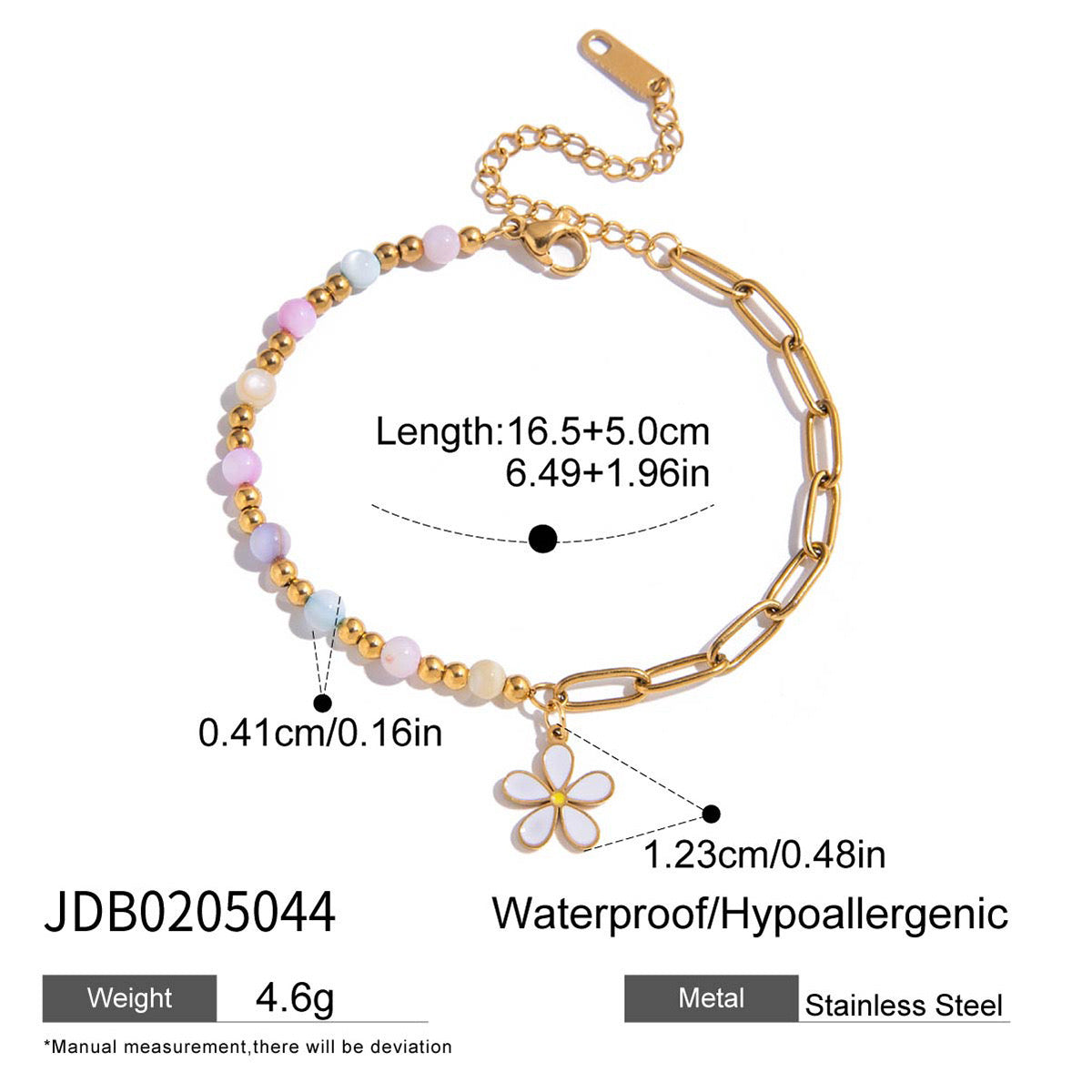 18K Gold Pastel Blue Flower Beaded Chain Bangle Bracelet Stack