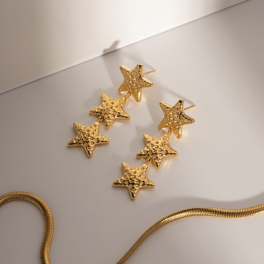 18K Gold Star Dangle Drop Earrings