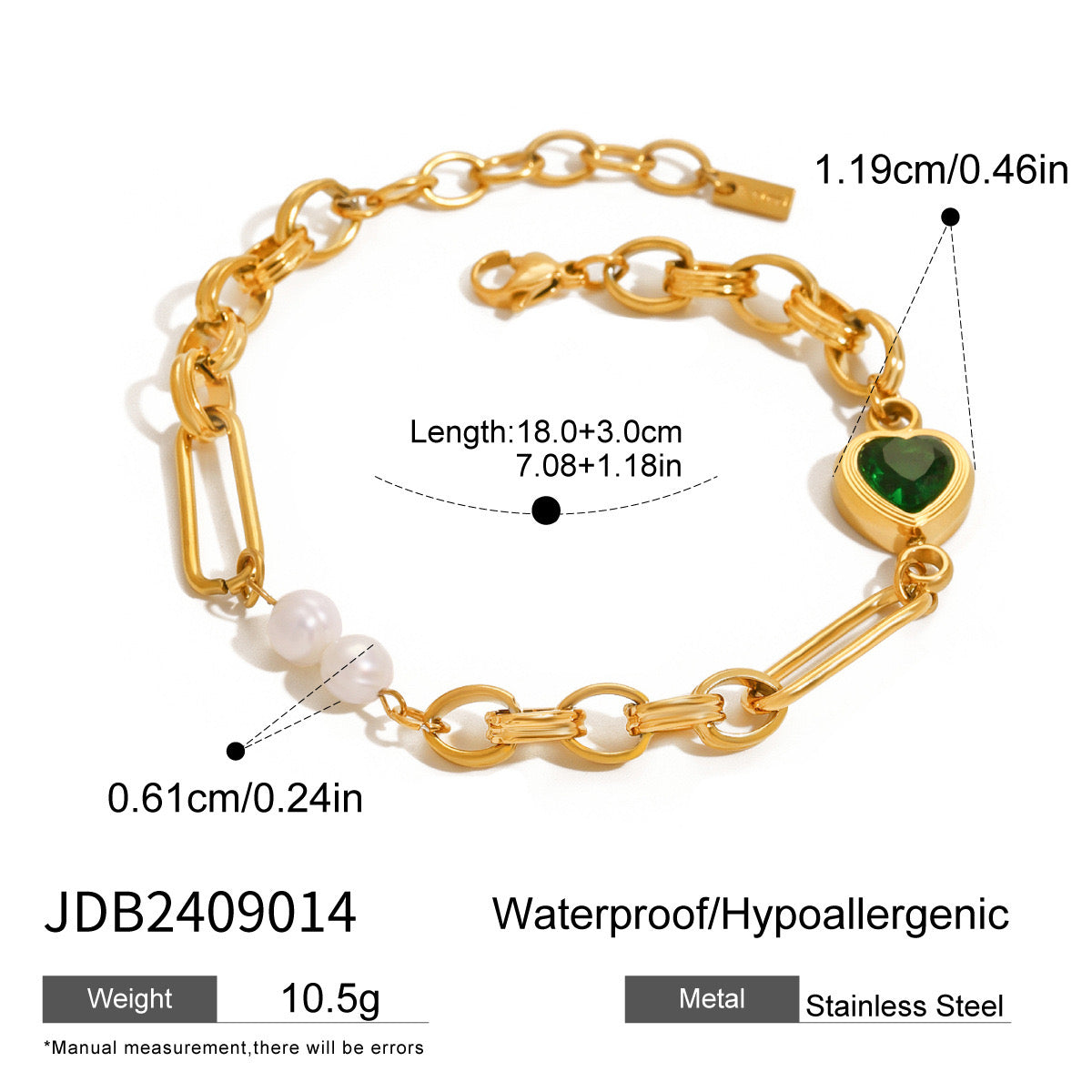 18K Gold Emerald Heart Pearl Beads Chunky Chain Bracelet