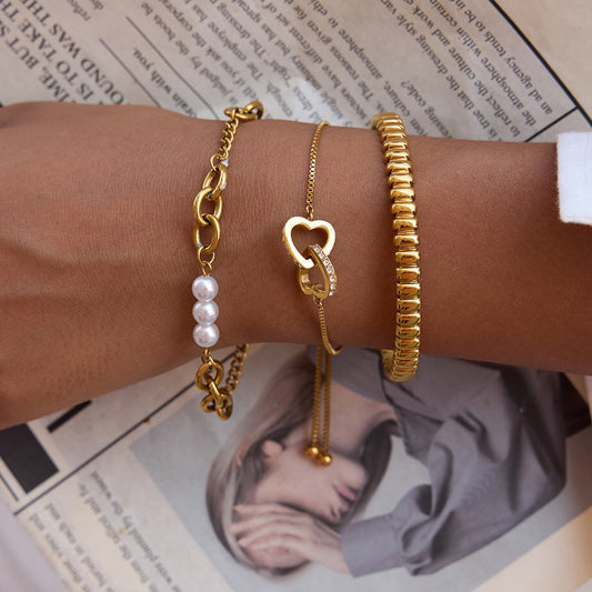 18K Gold Golden Haze Pearl Chain Cuff Bangle Bracelet Stack