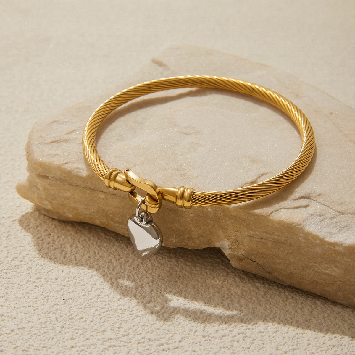 18K Gold and Silver Two Tone Heart Charm Bangle Bracelets