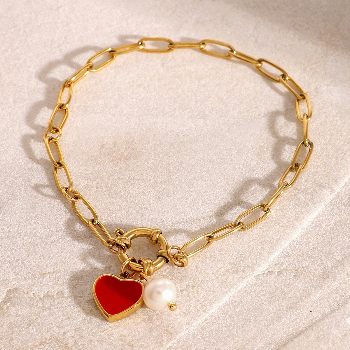 18K Gold Heart Chain Charm Bracelet