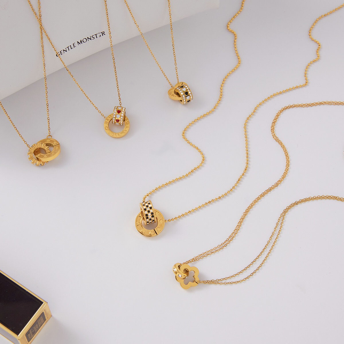 18K Gold Together Two Ring Connected Dainty Pendant Necklace