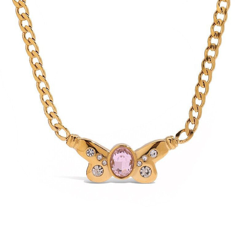 18K Gold Pink Butterfly Curb Chain Necklace