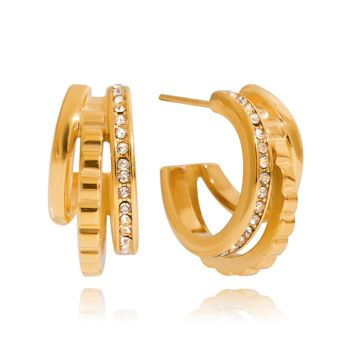 18K Gold Trio Orbit Pave Three Hoops Stud Huggie Earrings