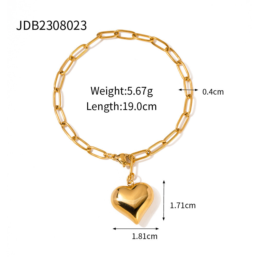 18K Gold Chunky Paperclip Heart Charm Bracelet