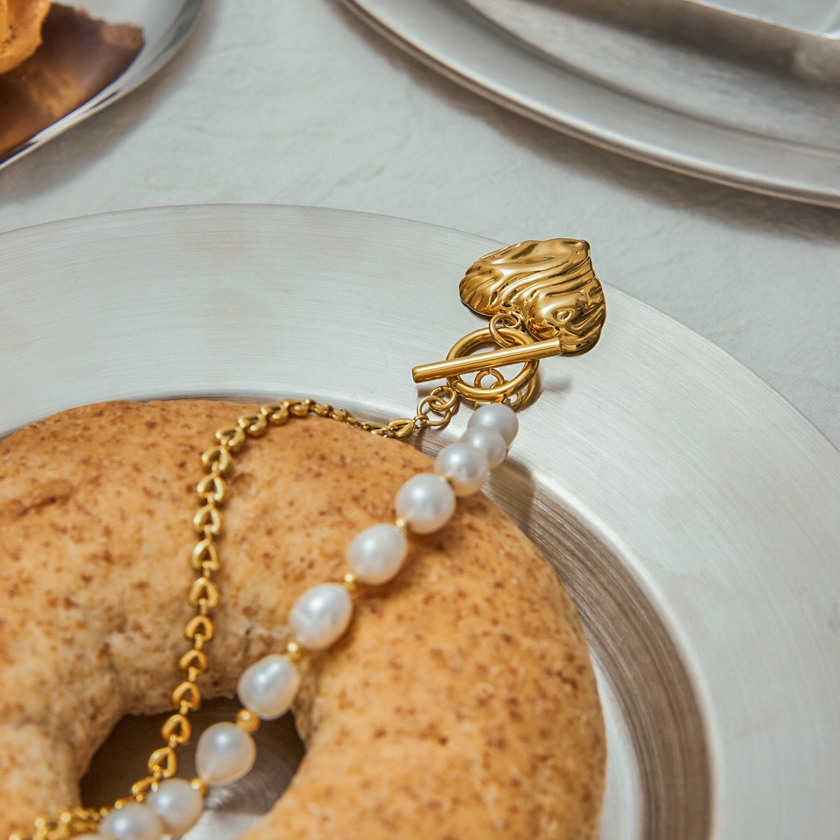 18K Gold Chunky Pearl Beaded Heart Pendant Circle Chain Layered Necklace Set