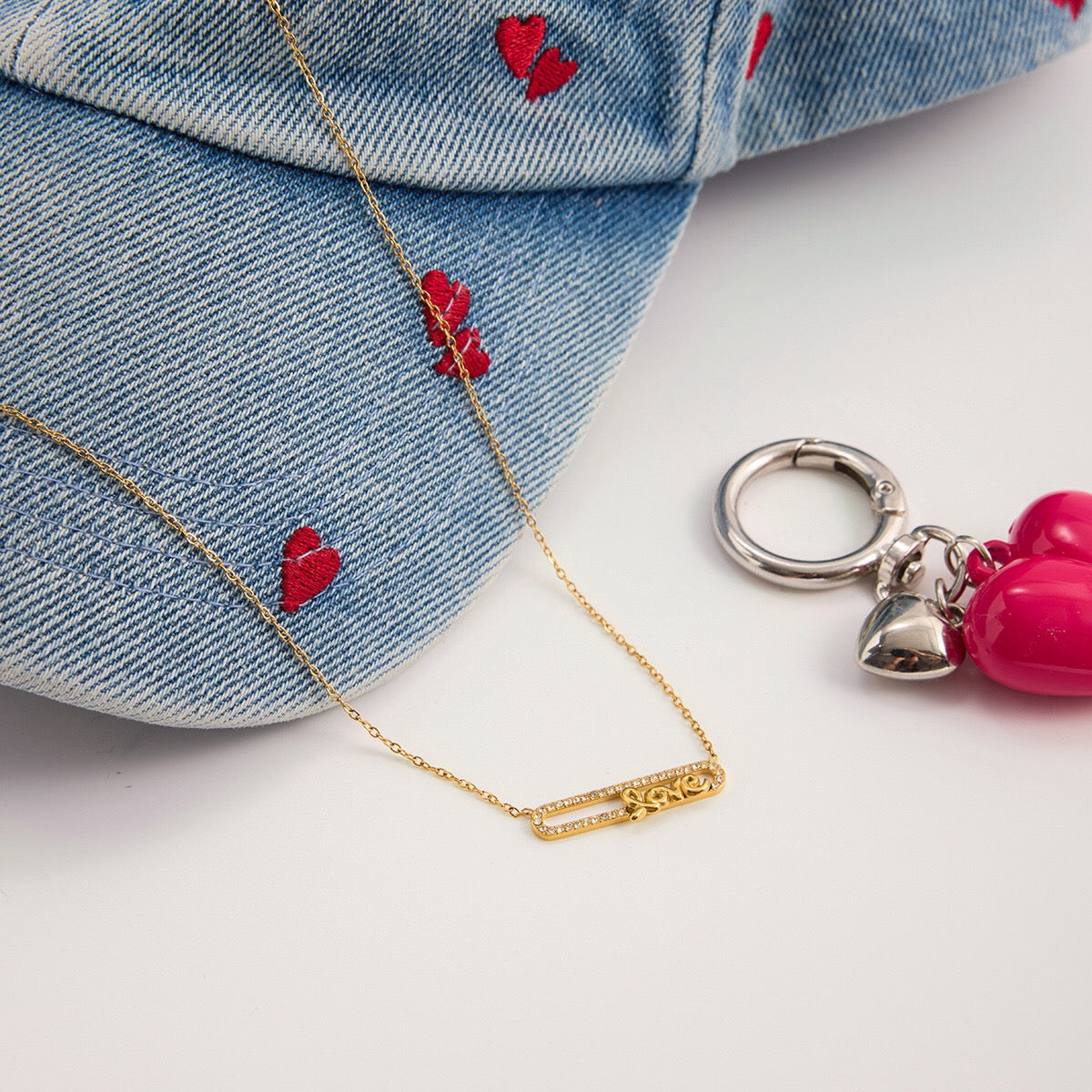 18K Gold Bling Love Letter Pink Jewel Paperclip Chain Layered Necklace Set