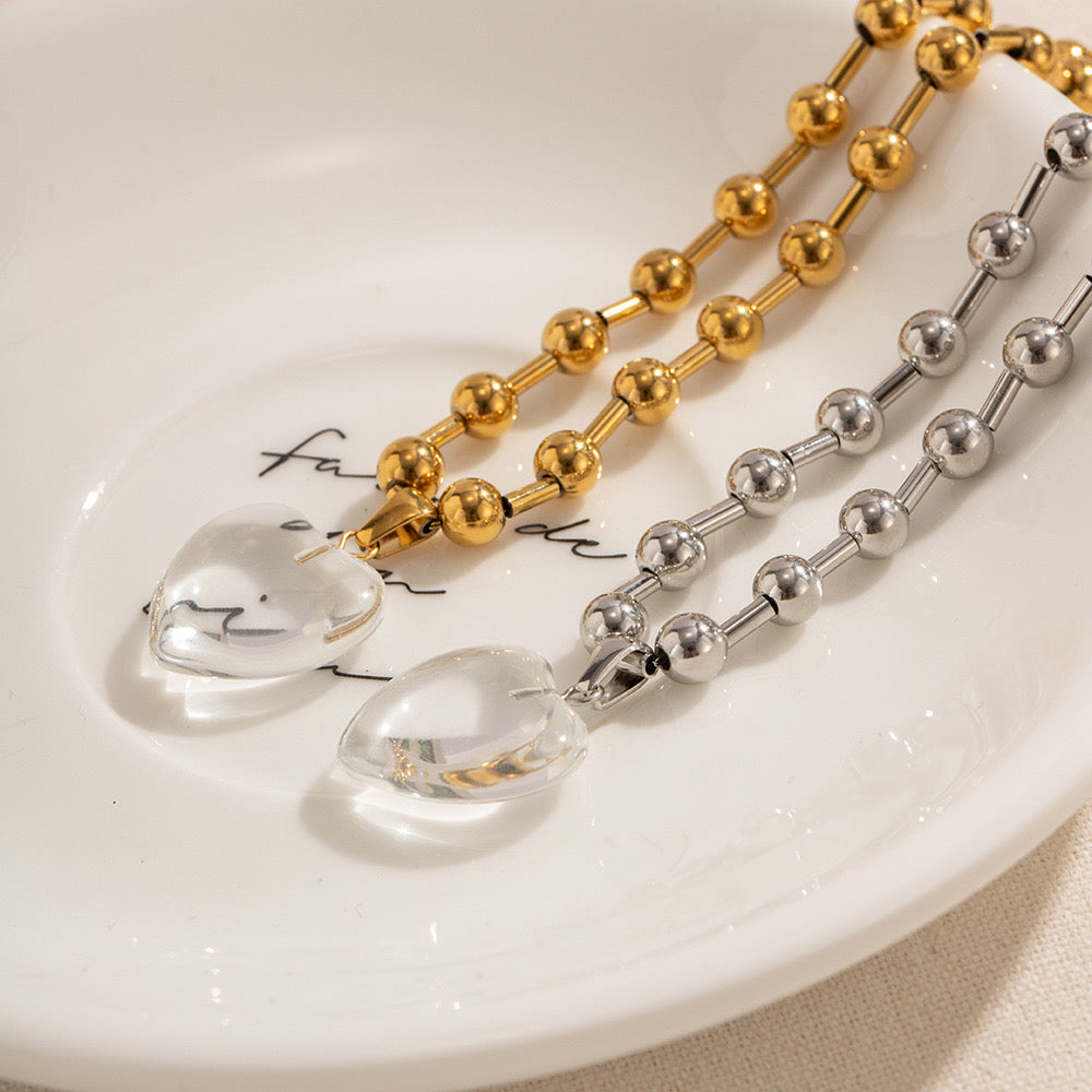 18K Gold Clear Jelly Heart Pendant Beaded Ball Chain Necklace