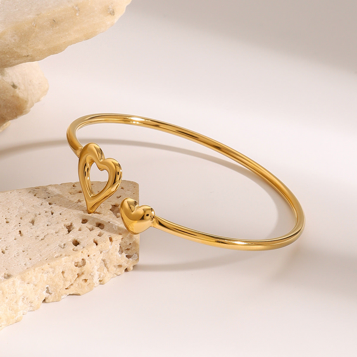 18K Gold Heart to Heart Cuff Bangle Bracelet