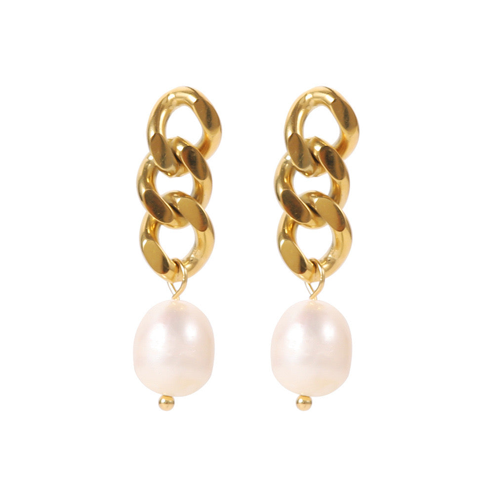 18K Gold Cuban Link Pearl Stud Dangle Earrings