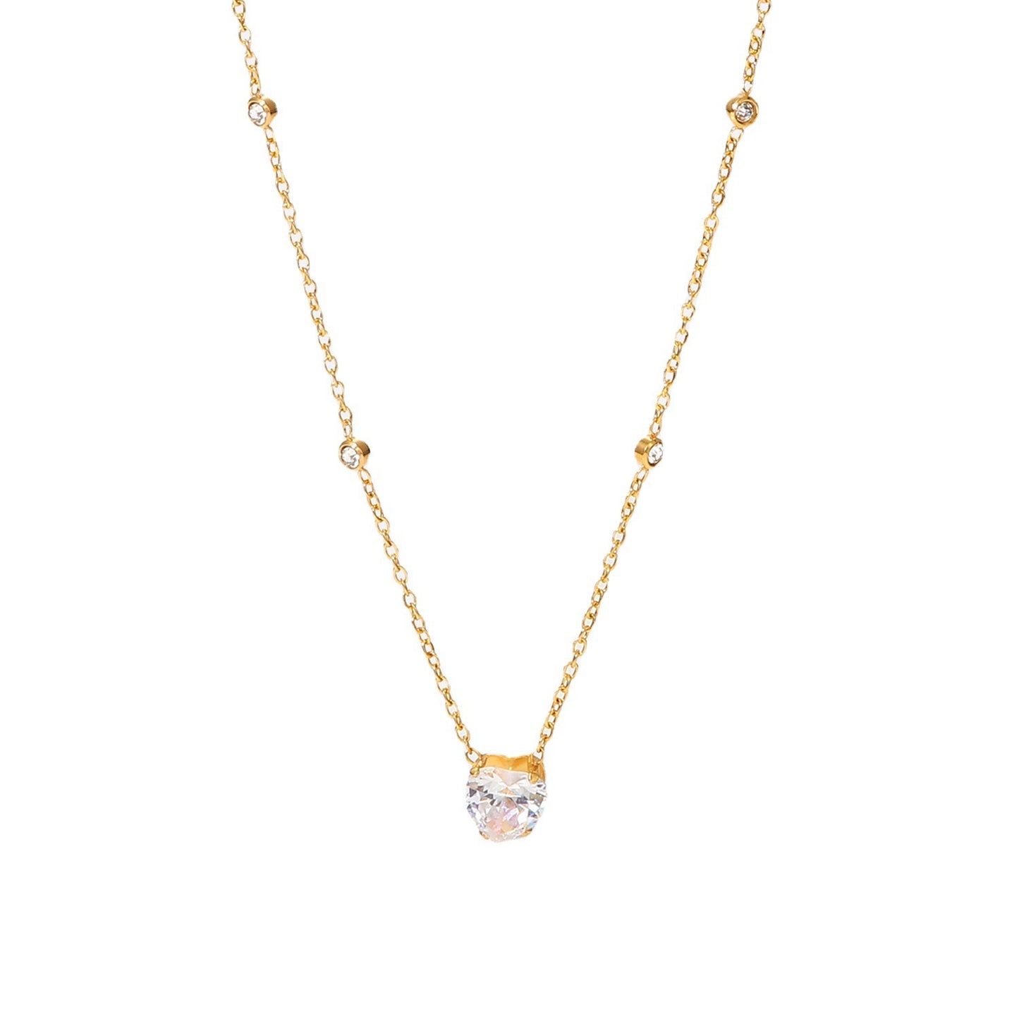 18K Gold Dainty Starry Heart CZ Pendant Necklace