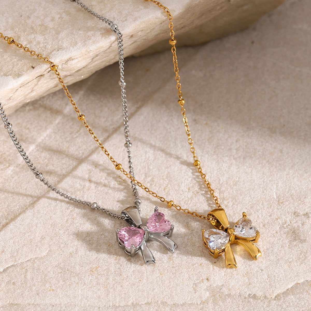 18K Gold Bling Coquette Bow Pendant CZ Necklace