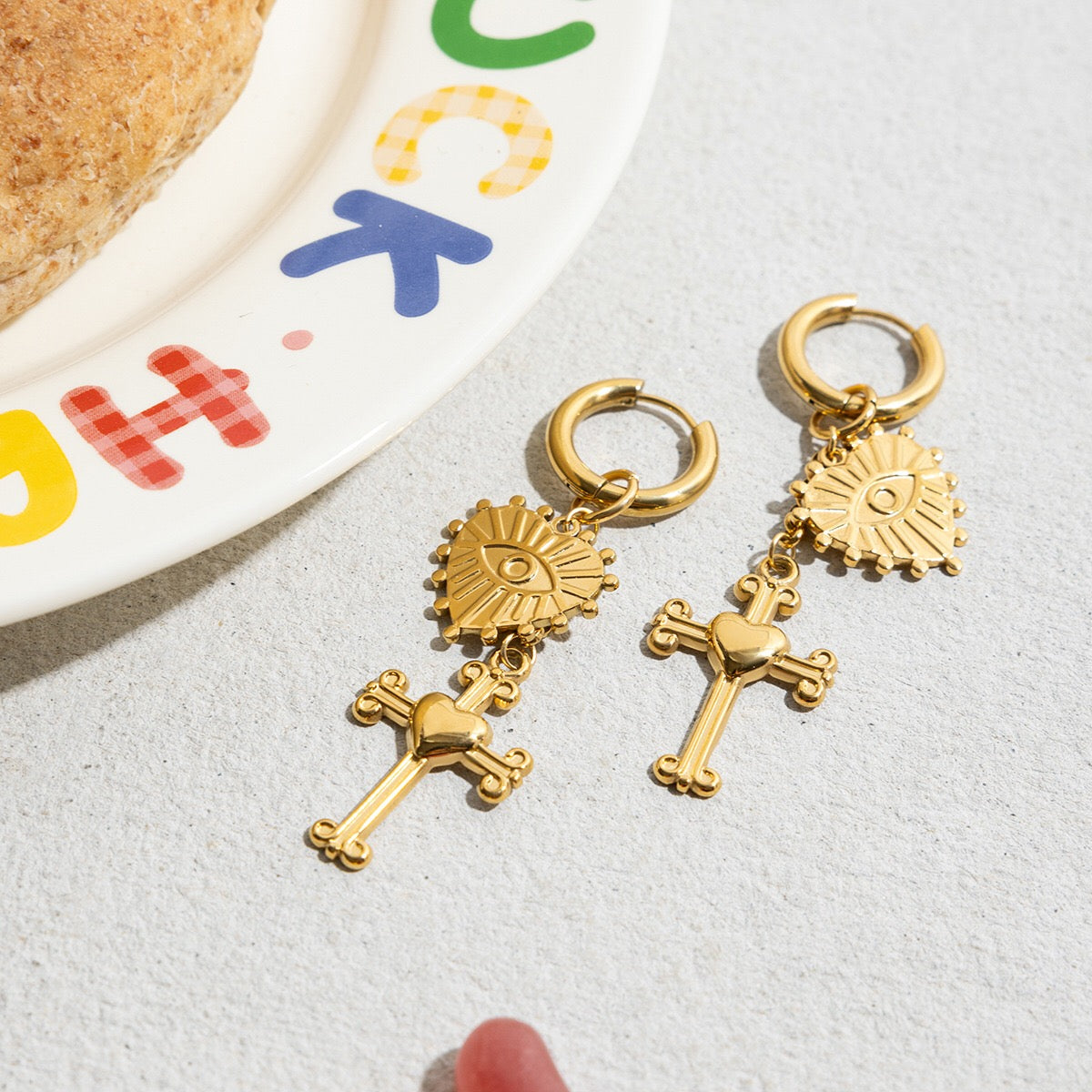 18K Gold Tempt Heart Cross Dangle Huggie Earrings with Charm