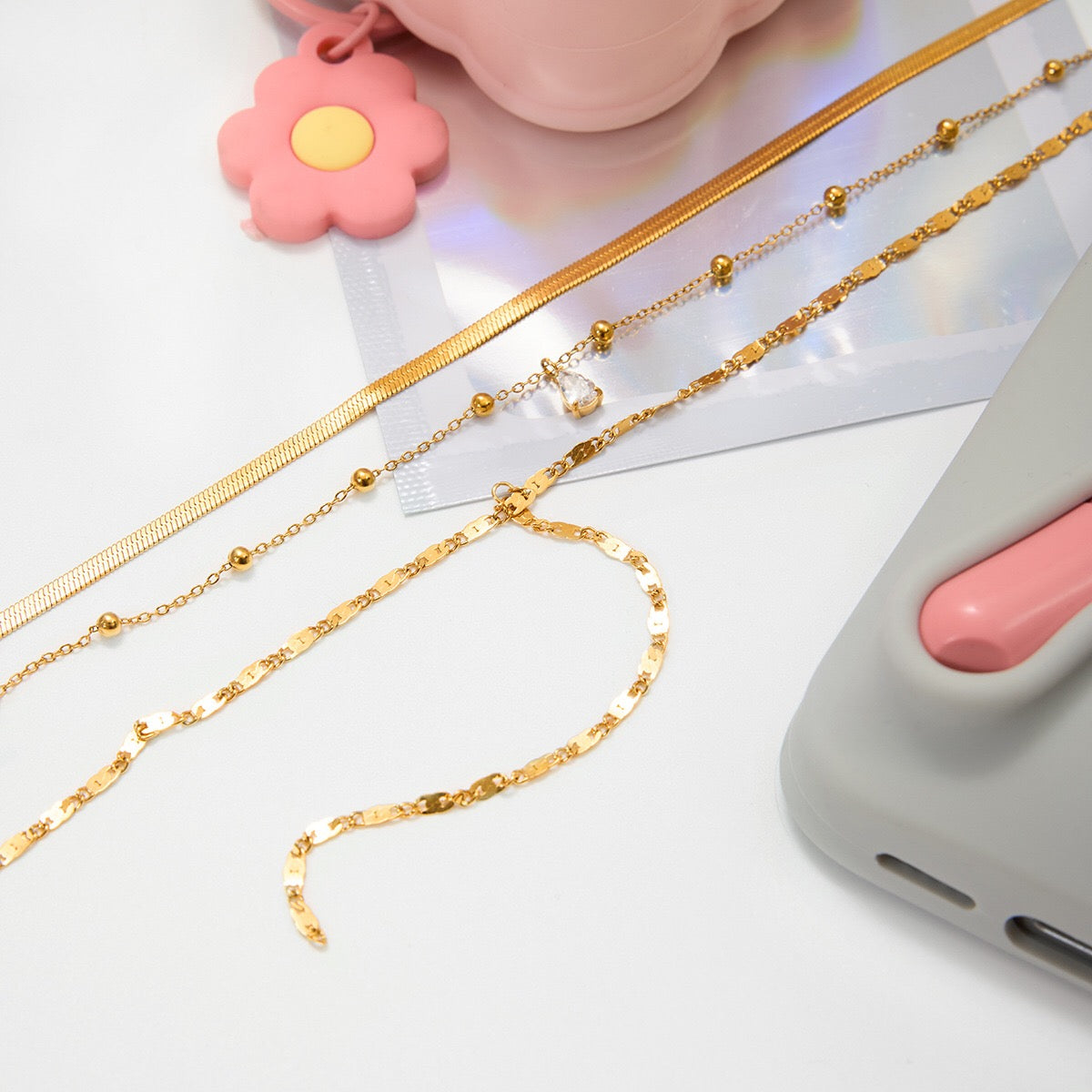 18K Gold Cascade Herringbone Snake Chain Lariat Layered Necklace Set