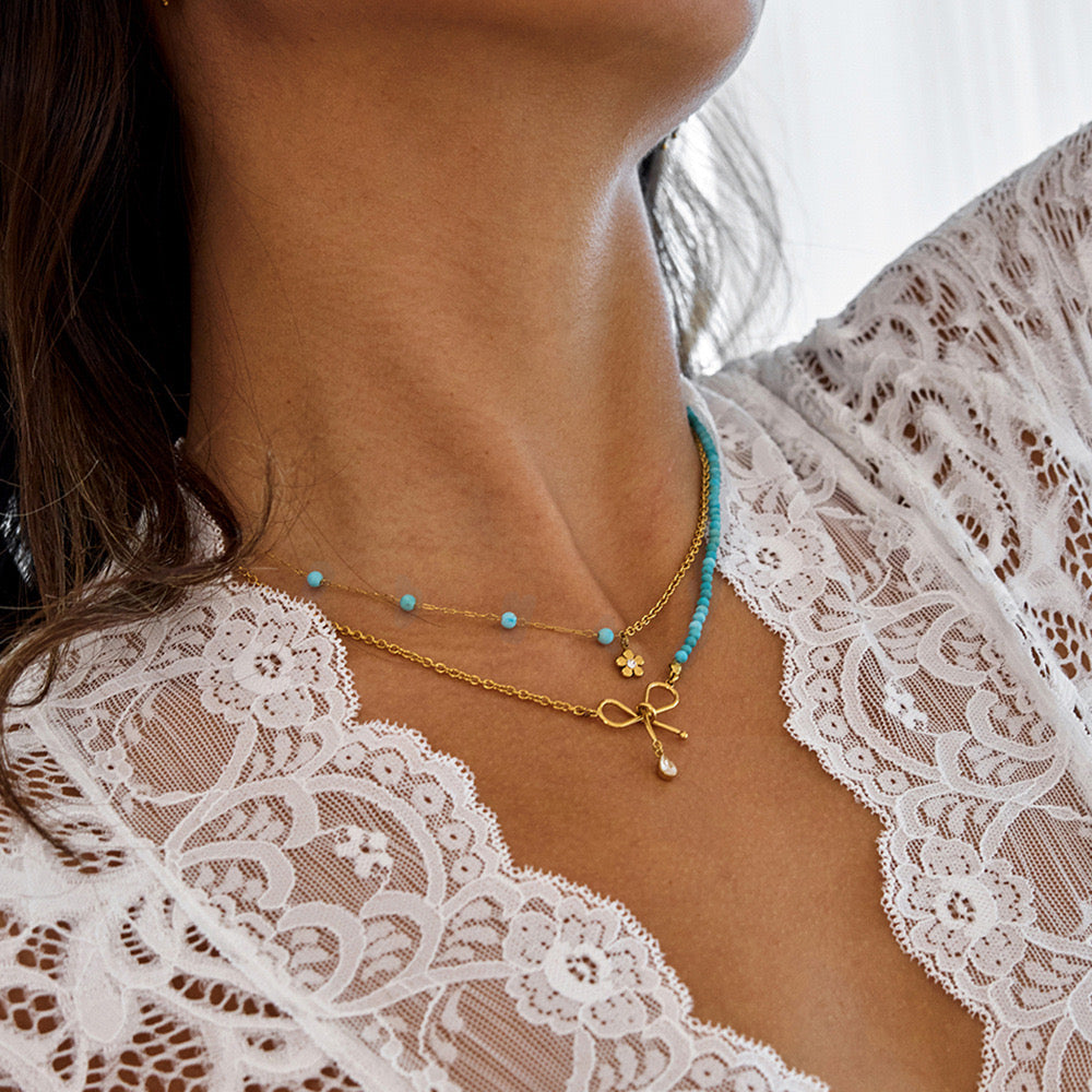 18K Gold Turquoise Beads Bow Pendant Double Chain Layered Necklace Set