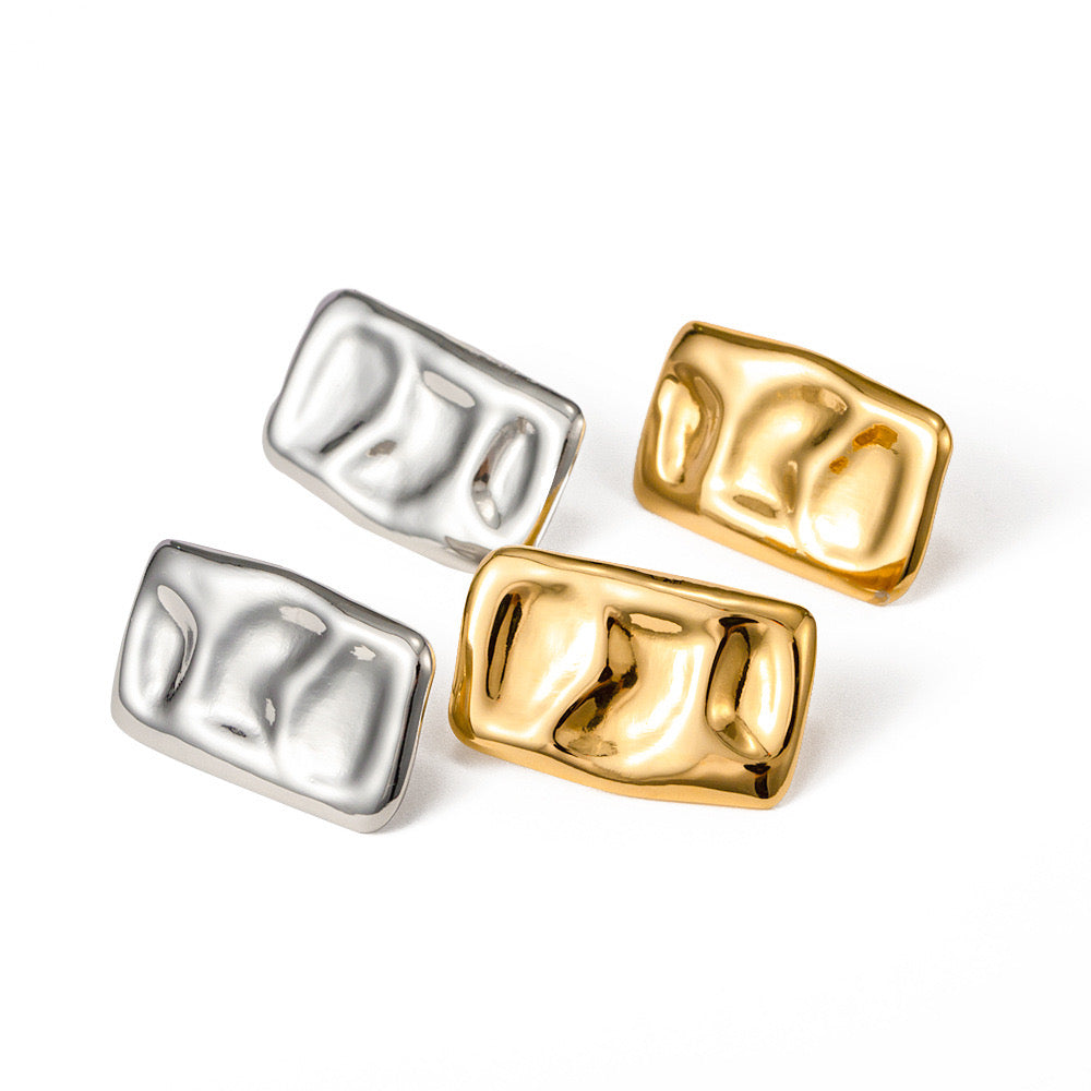 18K Gold Puffy Rectangle Statement Stud Earrings