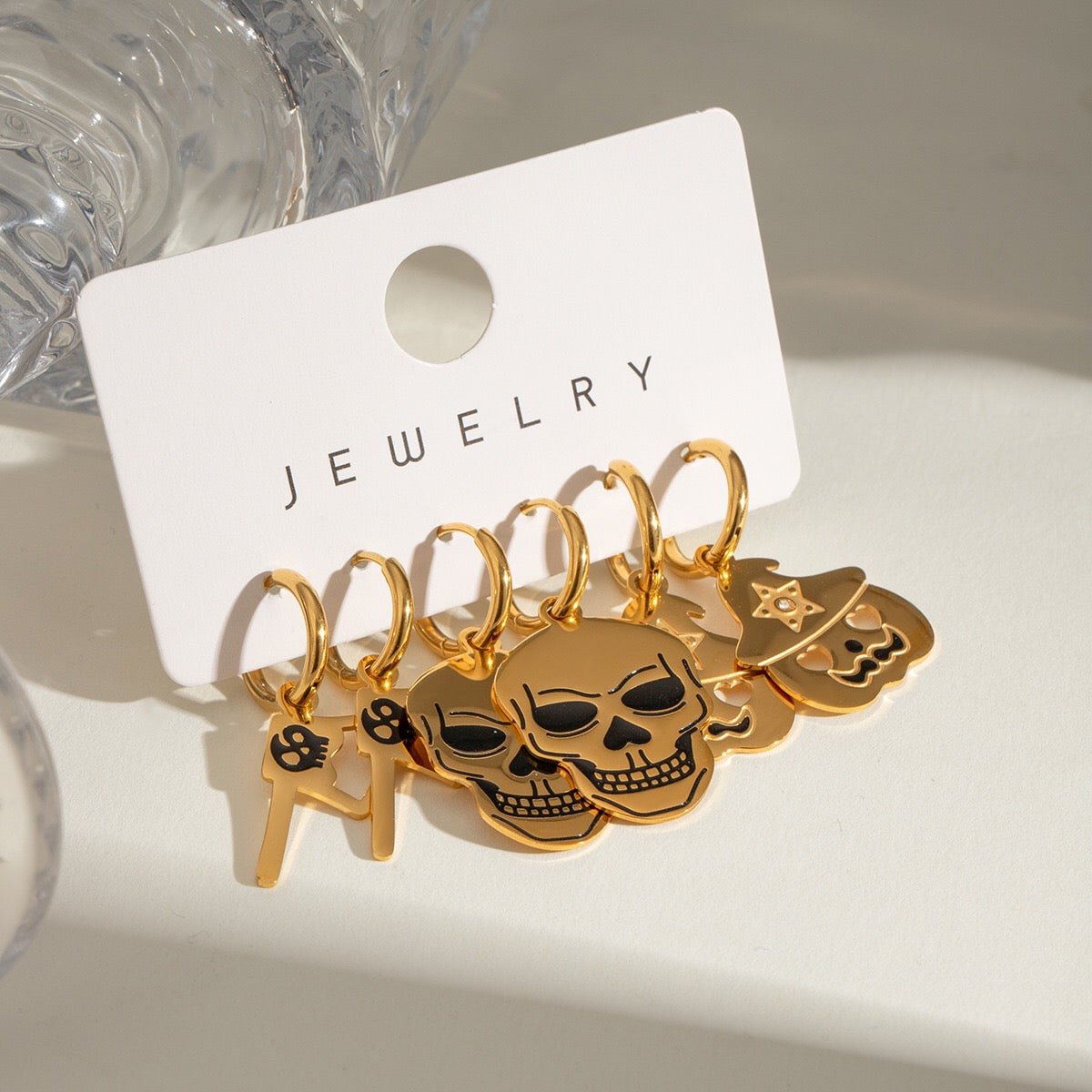 18K Gold Halloween Pumpkin Skull Small Hoop Huggie Earrings with Charm