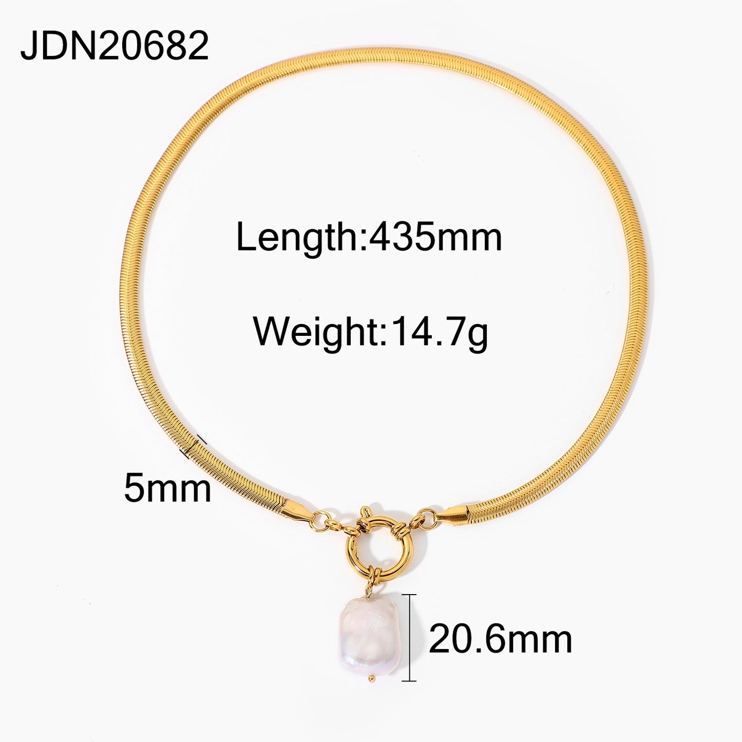 18K Gold Herringbone Snake Chain Pearl Pendant Charm Necklace