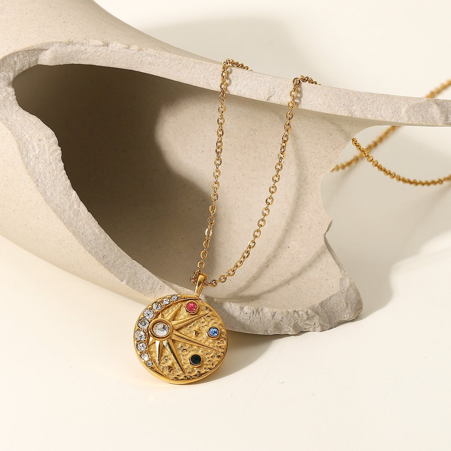 18K Gold Celestial Coin Pendant Necklace