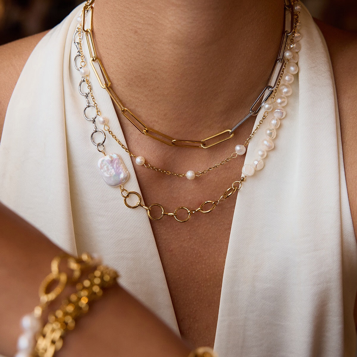 18K Gold Two Tone Chunky Beaded Pearl Paperclip Chain Layered Necklace Set