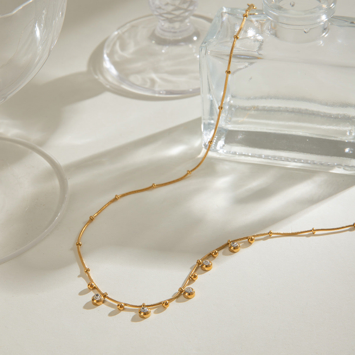 18K Gold CZ Sprinkle Beaded Chain Dainty Necklace