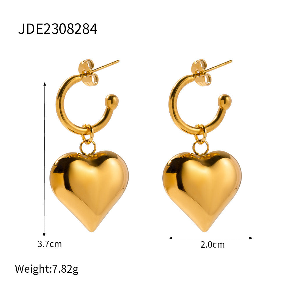 18K Gold Heart Dangle Huggie Earrings with Charm