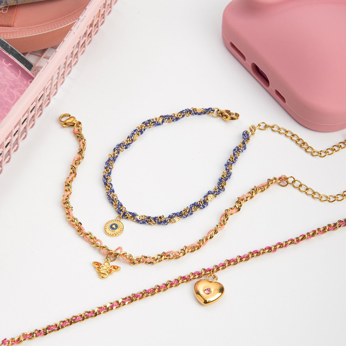 18K Gold Cozy String Chain Dainty Charm Bracelet