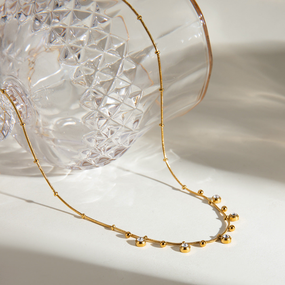 18K Gold CZ Sprinkle Beaded Chain Dainty Necklace