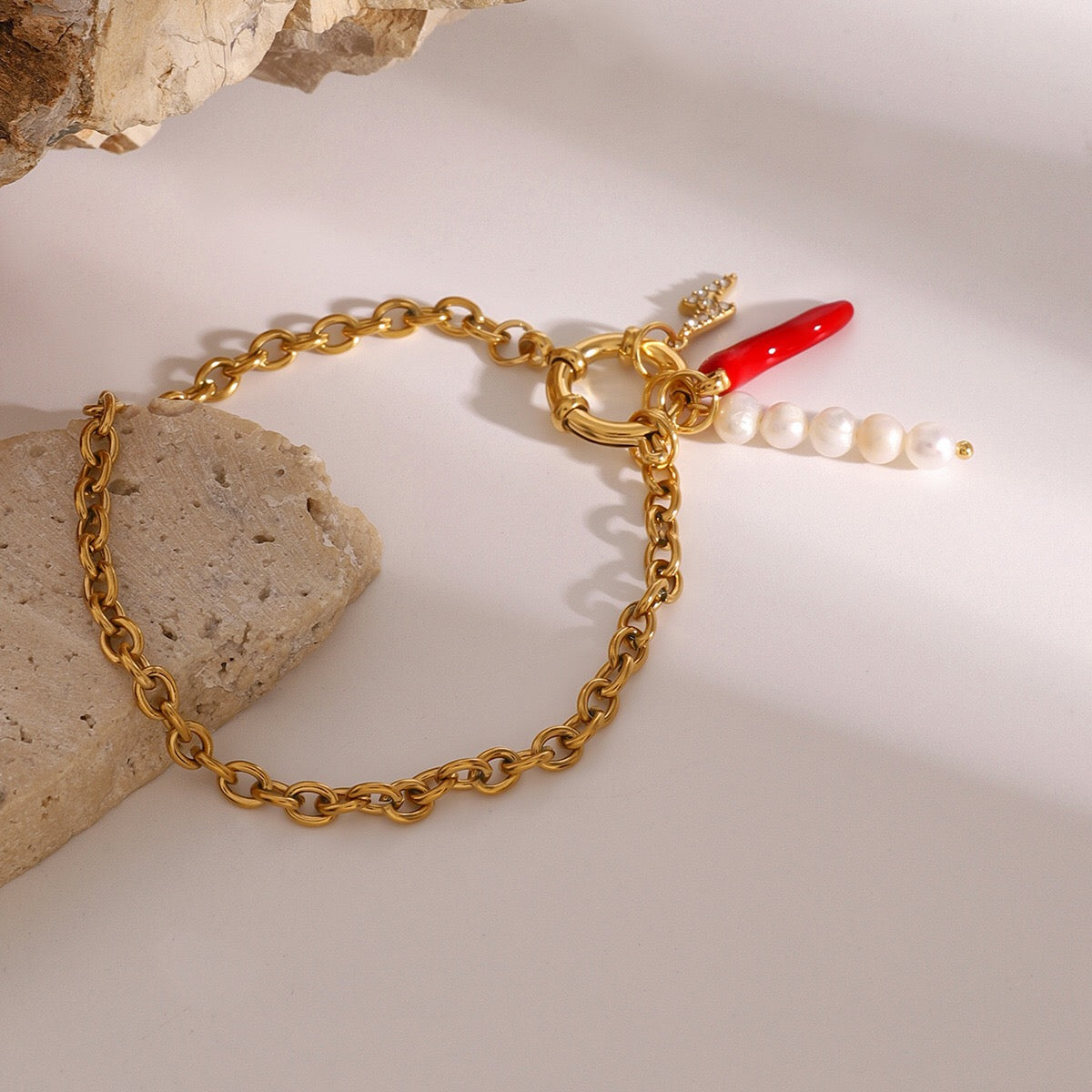 18K Gold Italian Horn Pearl Charm Bracelet