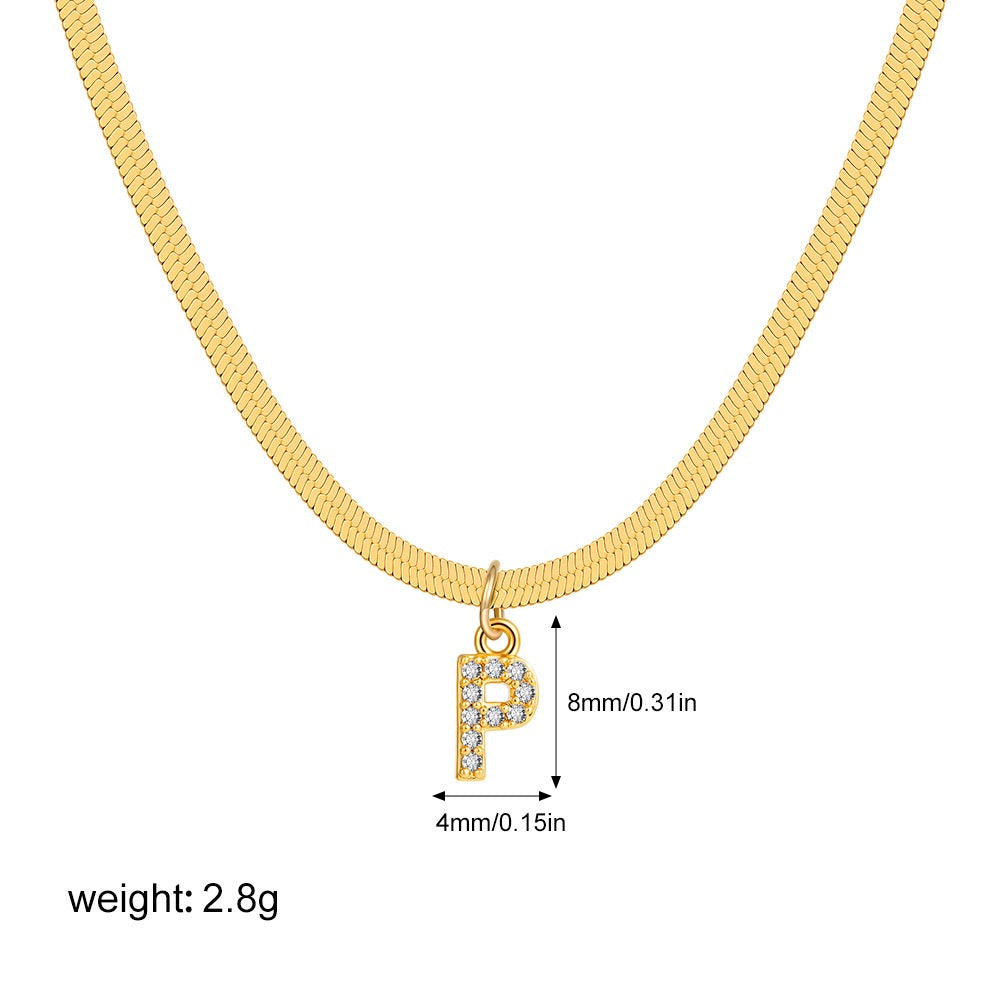 18K Gold Minimalist Glam Herringbone Chain Initial Dainty Necklace