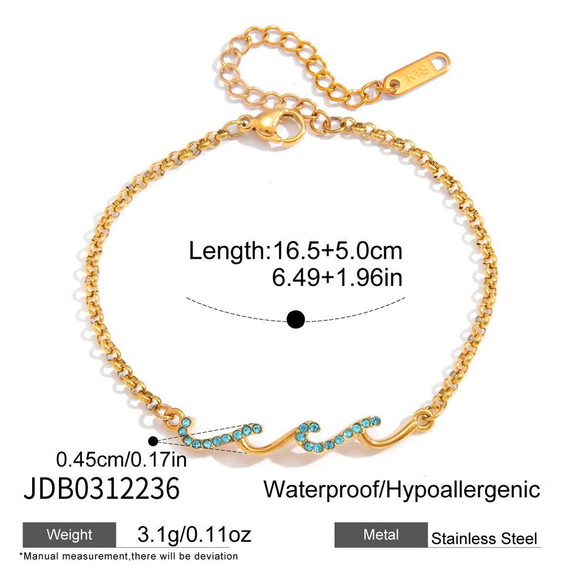 18K Gold Ocean Whisper Pave Blue Wave Dainty Chain Bracelet