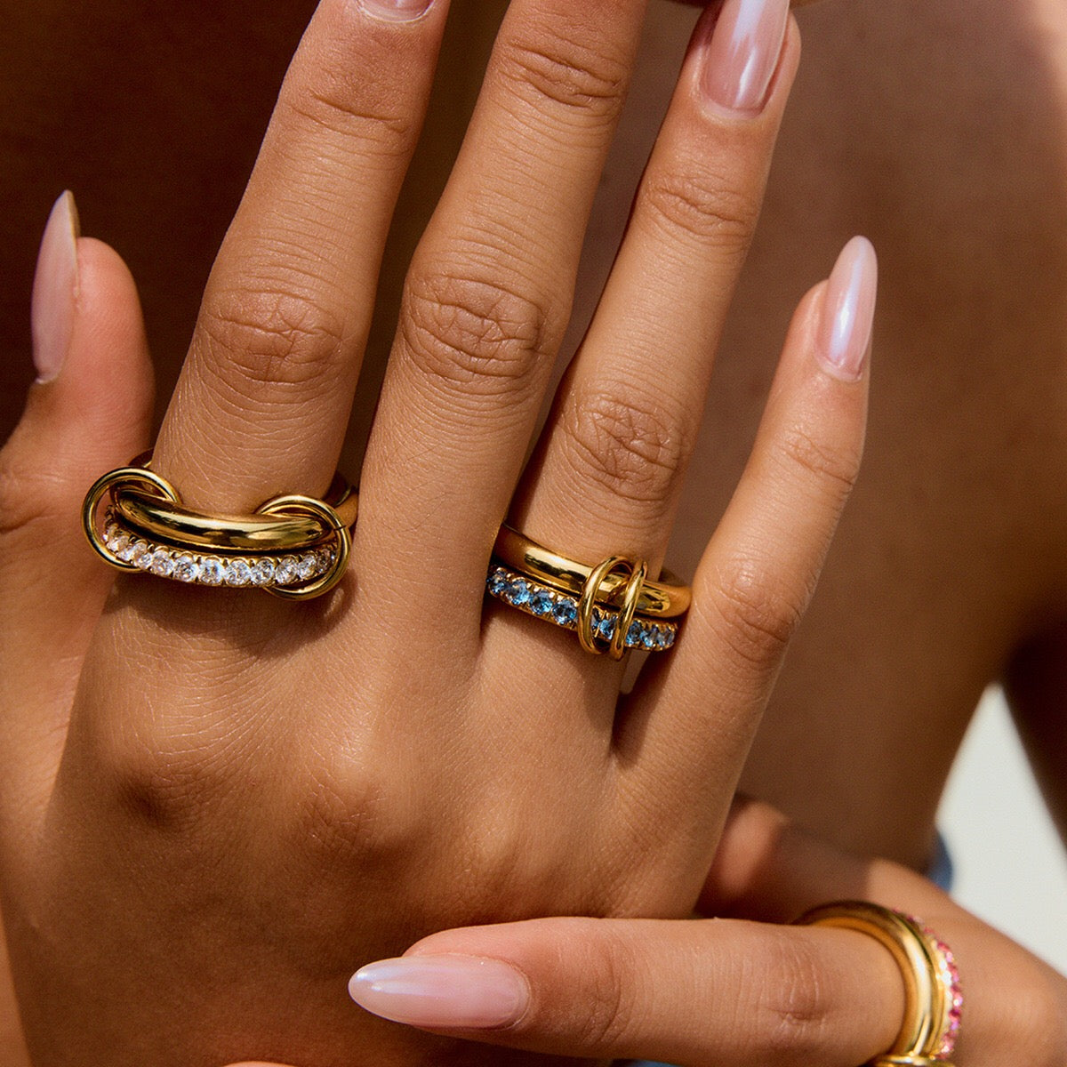 18K Gold Double Link Connected Stacking Pave Ring