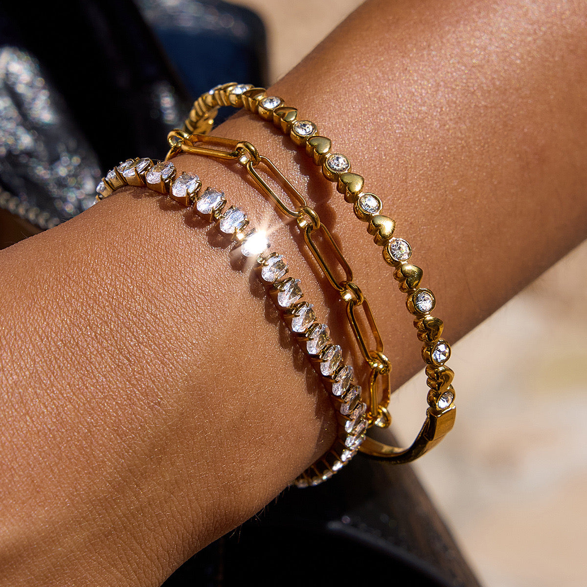 18K Gold Extra Bling Paperclip Chain Bangle Tennis Bracelet Stack