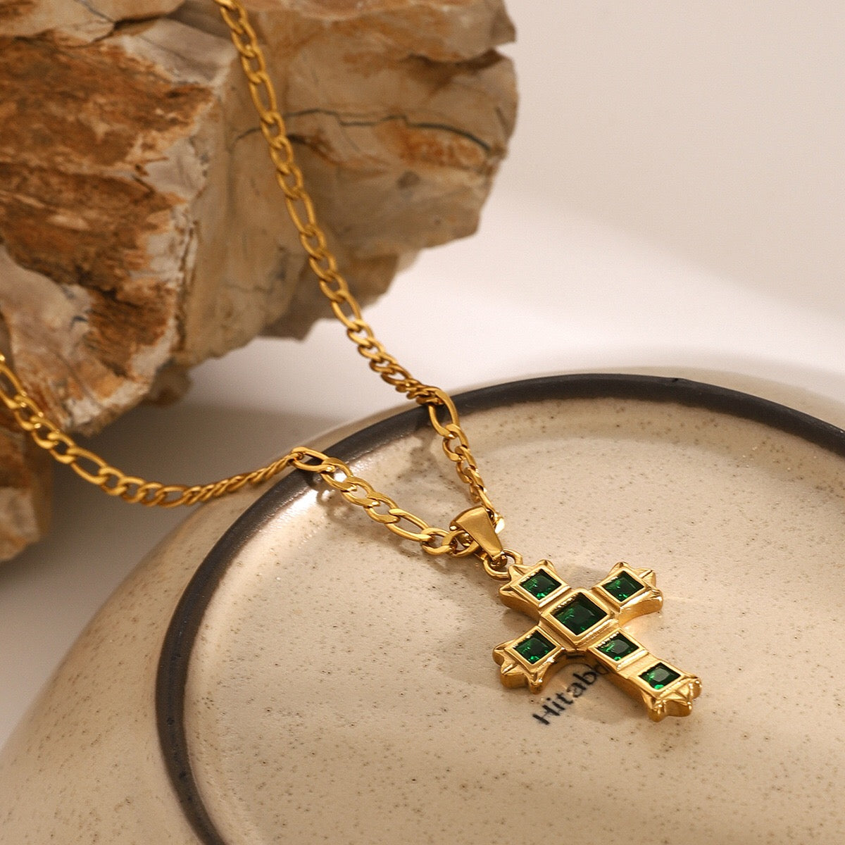 18K Gold Gemstone Cross Pendant Figaro Chain Statement Necklace