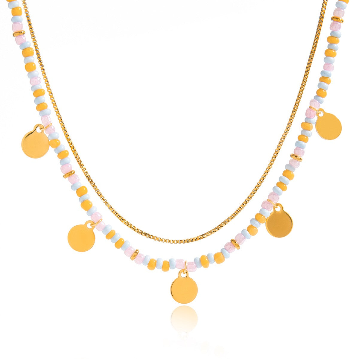 18K Gold Pastel Color Beaded Box Chain Layered Necklace Set