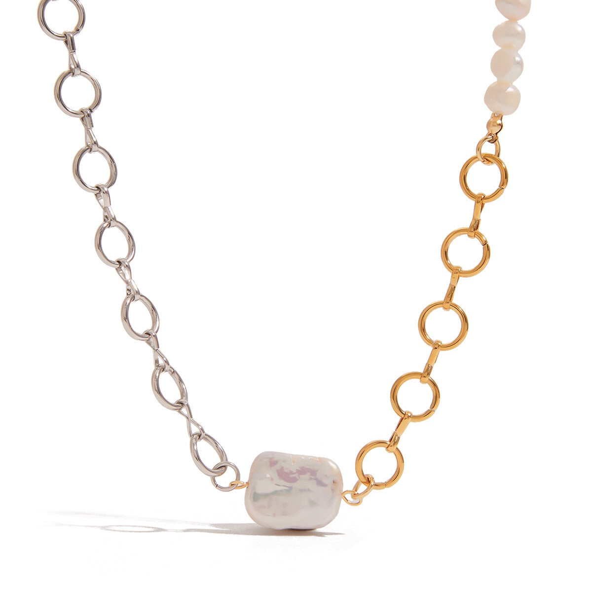 18K Gold Two Tone Chunky Beaded Pearl Paperclip Chain Layered Necklace Set