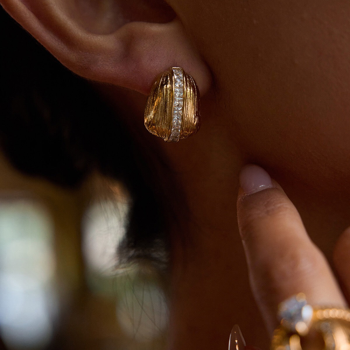 18K Gold Bling Coffee Bean Statement Stud Earrings