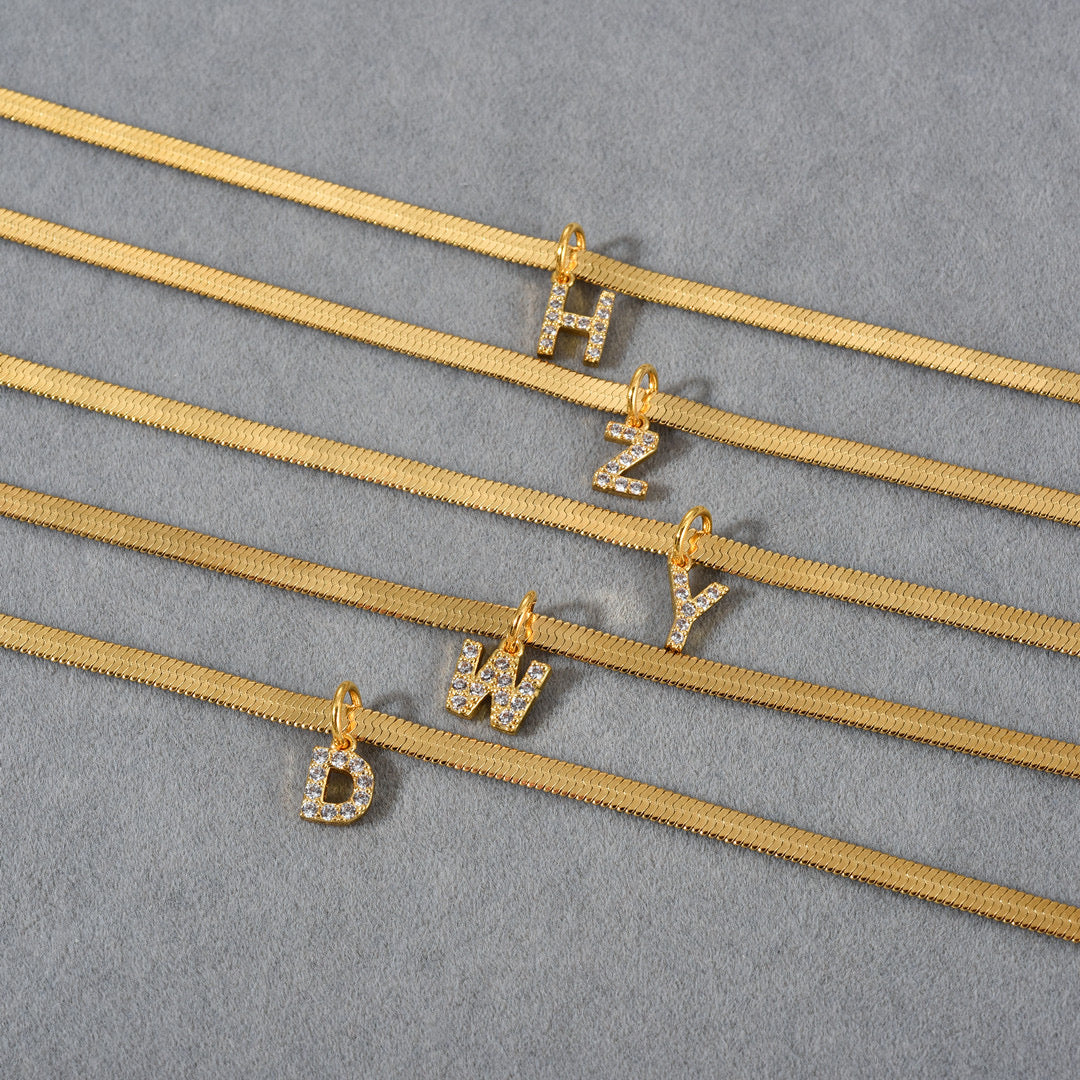 18K Gold Minimalist Glam Herringbone Chain Initial Dainty Necklace