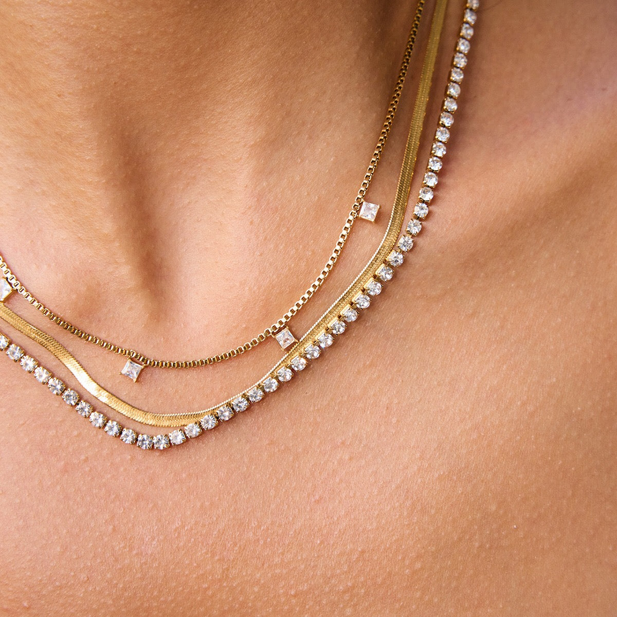 18K Gold Lavish Tennis Herringbone Snake Chain Dainty Layered Necklace Set