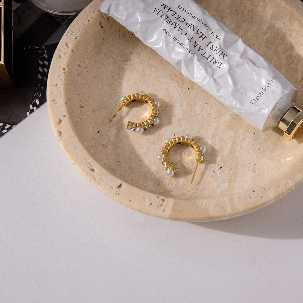 18K Gold Bling Pearl Small Hoop Huggie Earrings