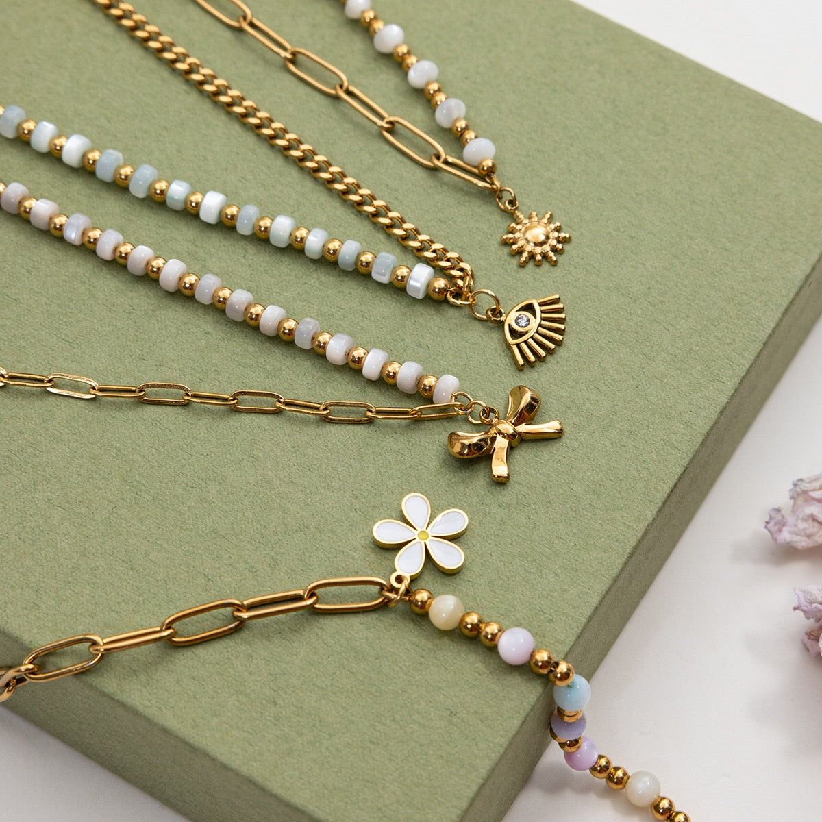 18K Gold Pastel Blue Flower Beaded Chain Bangle Bracelet Stack
