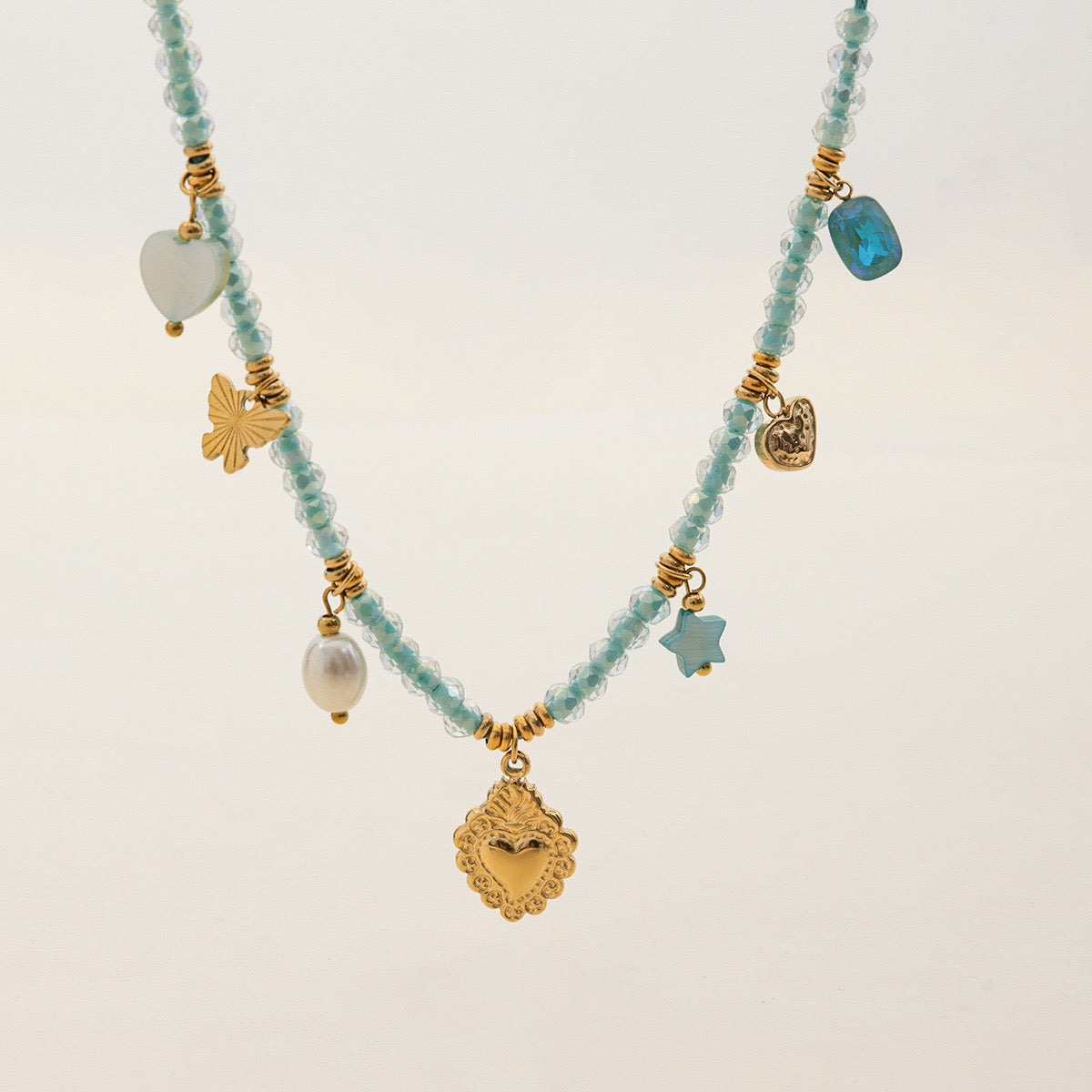 18K Gold Seaside Fantasy Blue Beads Heart Charm Circle Chain Layered Necklace Set