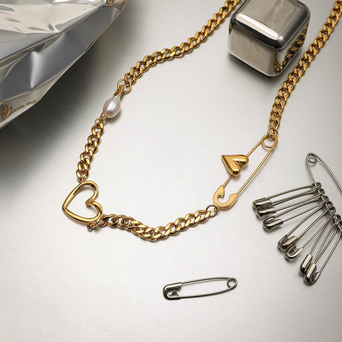 18K Gold Heart Safety Pin Pearl Cuban Curb Chain Necklace
