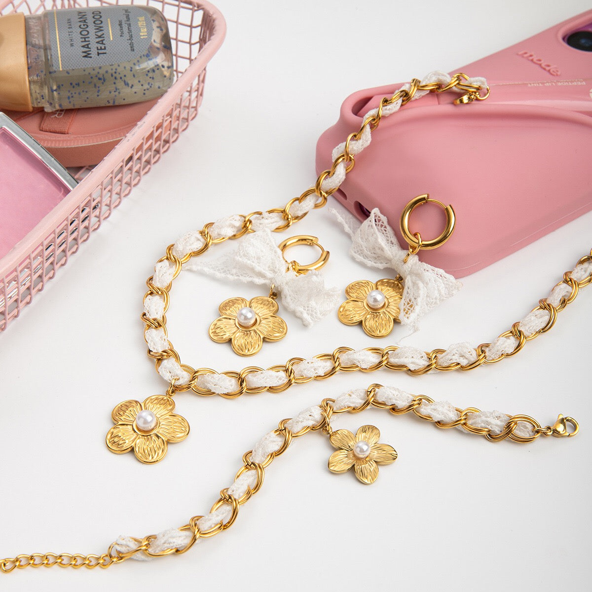 18K Gold Princess Flower Pearl Pendant Ribbon Chain Layered Necklace Set