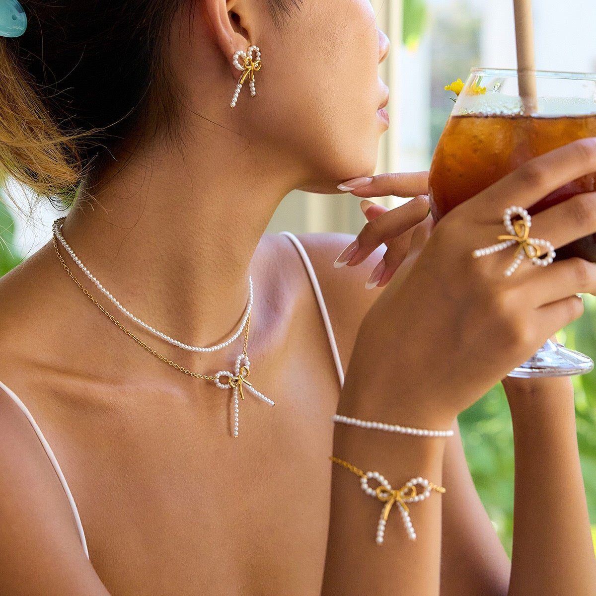 18K Gold Coquette Bow Pearl Pendant Double Chain Layered Necklace Set