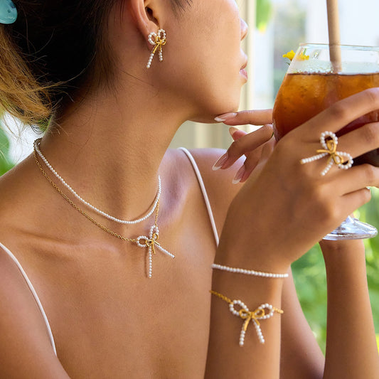 18K Gold Coquette Bow Pearl Pendant Double Chain Layered Necklace Set